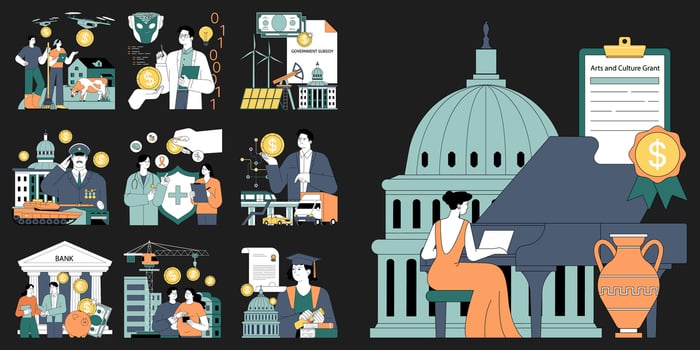 Government subsidy set. Diverse sectors including agriculture, healthcare vector