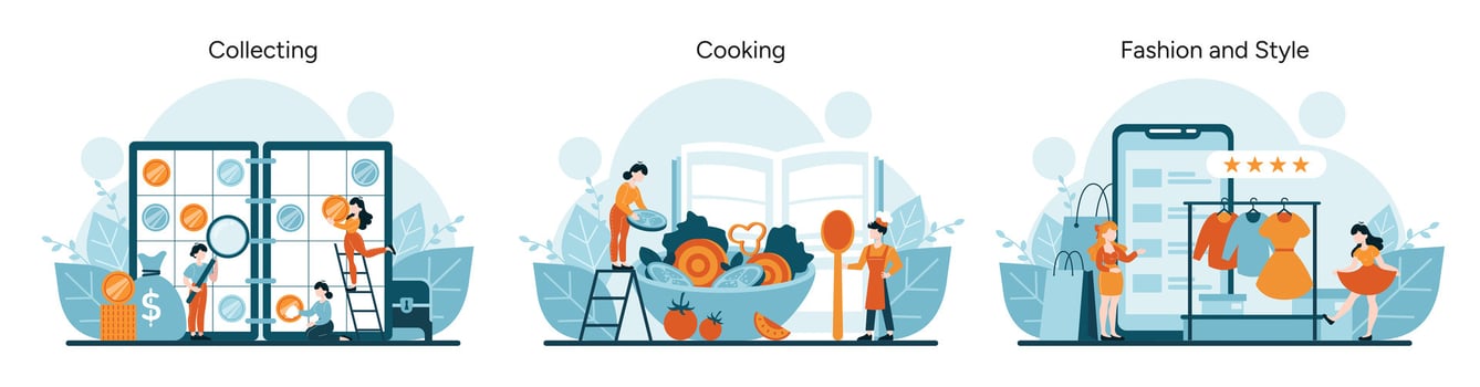 Coin collectors scrutinize valuables, chefs joyfully engage in cooking, fashion enthusiasts review styles vector