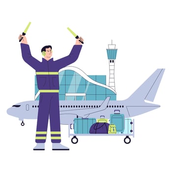 People in the airport. Airport ground staff. An airport marshaller directing vector