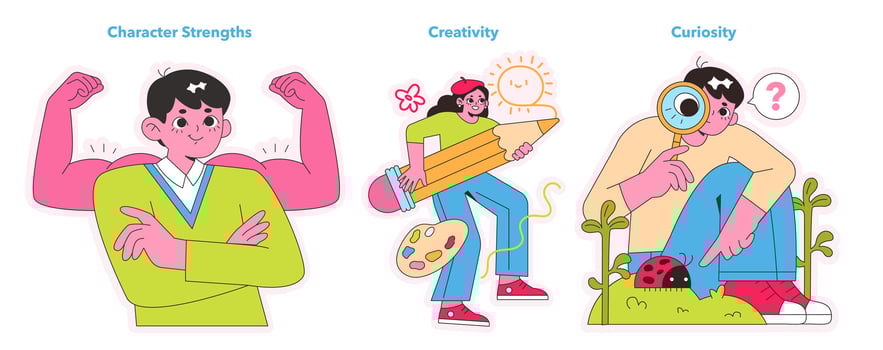 Character Strengths trio. Vector illustration.