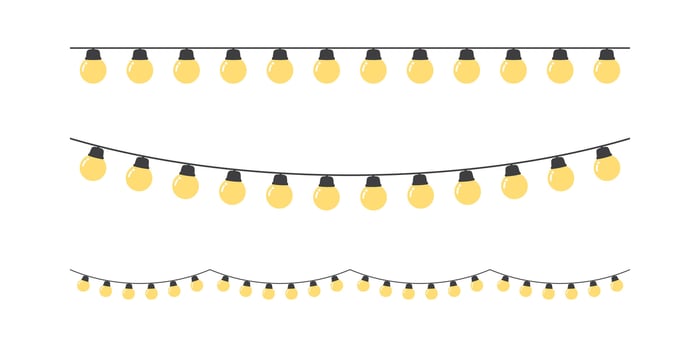 Set of seamless festive yellow Christmas string light border. Flat vector illustration.