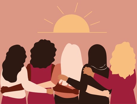 Strong Five women of different ethnicities and cultures stand side by side together while watching the sunrise. Group of brave girls support each other's goal. Women empowerment and gender equality. vector