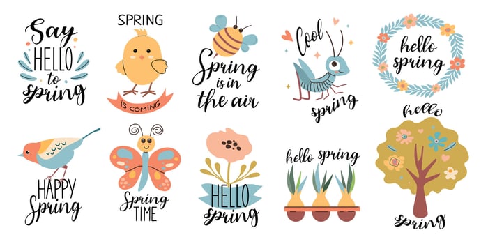 Spring set. Hello spring quotes set. Spring labels with season calligraphy quotes, flowers, wreathes. Hand drawn vector illustration.