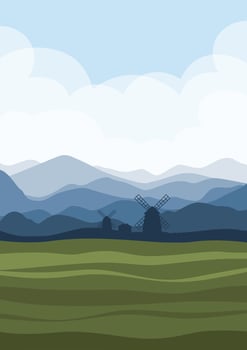 Rural summer landscape with windmills in Holland illustration. Vector illustration of beautiful summer fields