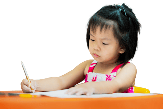Portrait of little child girl sitting doing homework, coloring sticks on a piece of paper placed on an orange children's table. A little kid sits and works seriously. A 4 year old children is learning png