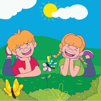 two children, a boy and a girl were laughing happily seeing a butterfly landing on a flower. vector illustration