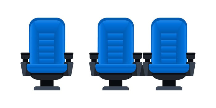 Blue movie theater seats for comfortable watching film. Cinema chair. Vector illustration