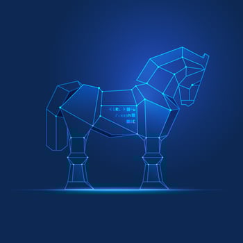 concept of cyber attack or cyber war, graphic of wireframe trojan horse with programming element vector