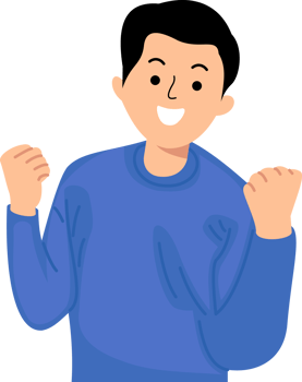 man very happy and doing winner gesture with arms raised for success celebration png