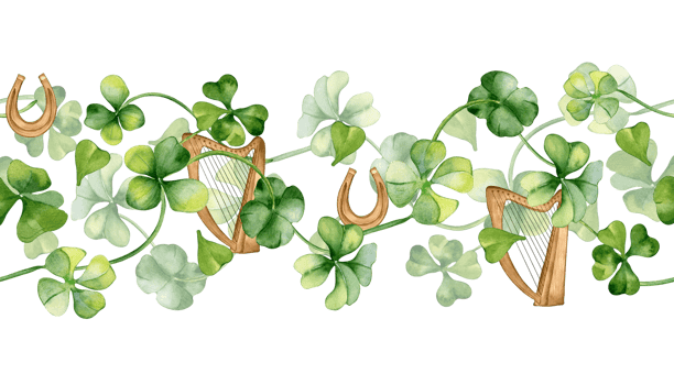 Seamless border with harp and shamrock watercolor illustration. Painted clover and horseshoe. Hand drawn Irish symbol. Design for St. Patrick day postcard, package, web banner. png