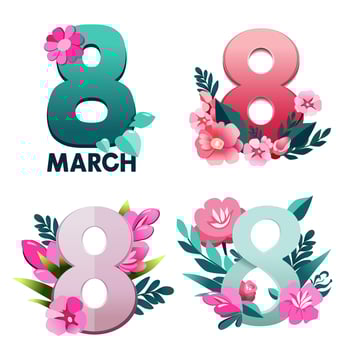 Vector set of colorful handwriting text with flowers by 8 march. Number eight by women day in flat design. Isolated bold lettering for logo design, flyer, banner, poster, calendar, greeting card
