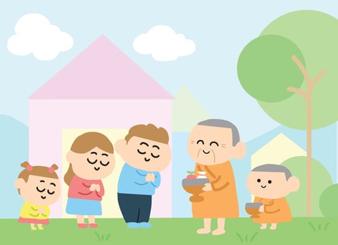 Family make merit offerings to monk vector