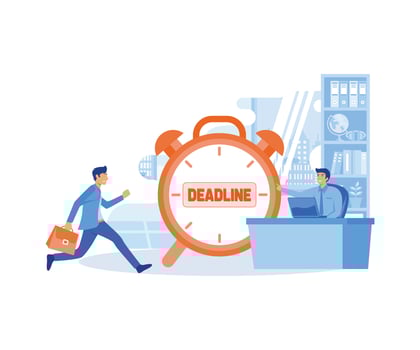 Office  Deadline concept. Businessman running in hurry to chase deadline time while carrying paperwork. flat vector modern illustration