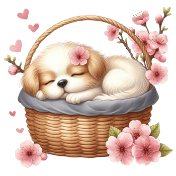 AI generated cute dog Sleeping in a cherry blossom basket png