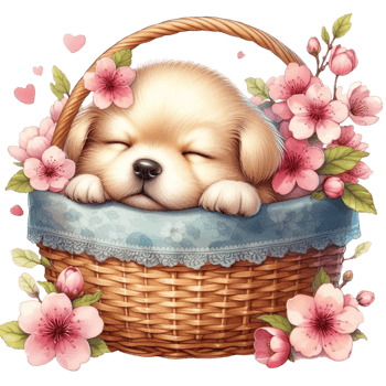 AI generated cute dog Sleeping in a cherry blossom basket png
