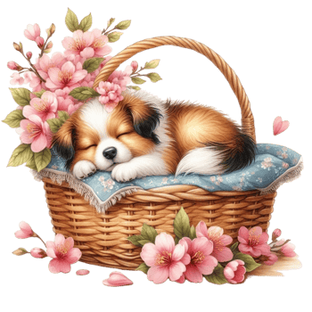 AI generated cute dog Sleeping in a cherry blossom basket png