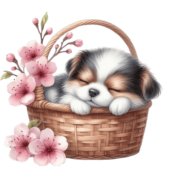 AI generated cute dog Sleeping in a cherry blossom basket png