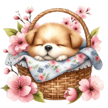 AI generated cute dog Sleeping in a cherry blossom basket png