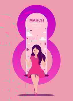 International women's day. Girl on a swing. Greeting card. Flat vector illustration