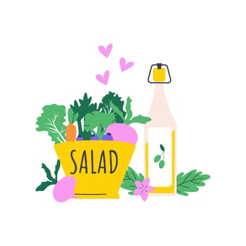 Illustration of salad bowl with green vegetables, carrot, beetroot, olive oil bottle. Love being healthy vector concept.