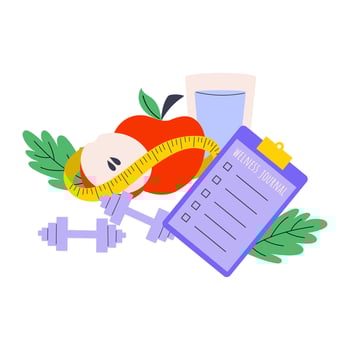 Illustration of apples, centimeter tape and dumbbels. Handdrawn vector healthy lifestyle and weight loss concept.