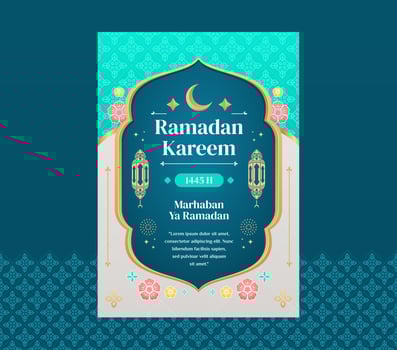 Ramadan kareem a4 poster greeting card design template with turquoise color for ramadan celebration vector