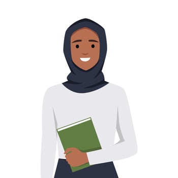 a beautiful Muslim woman wearing a hijab holding a book. vector