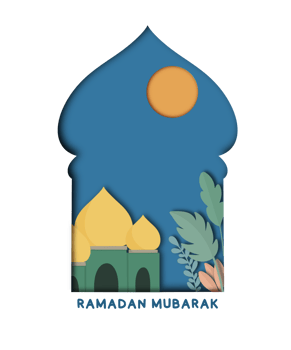 Ramadan illustration with mosque and lantern with paper cutout style png