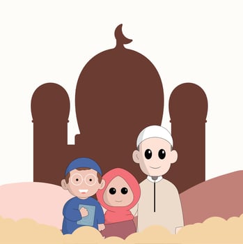 character cute ramadhan concept illustration happy muslim celebrate holy month ramadhan mosque sillhouette vector illustration