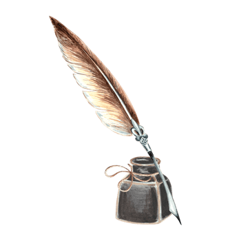 Elegant feather pen and vintage inkwell with black ink. Hand drawn watercolor illustration template of writing supplies, antique ink bottle. Isolated retro composition for design, packaging, stickers. png