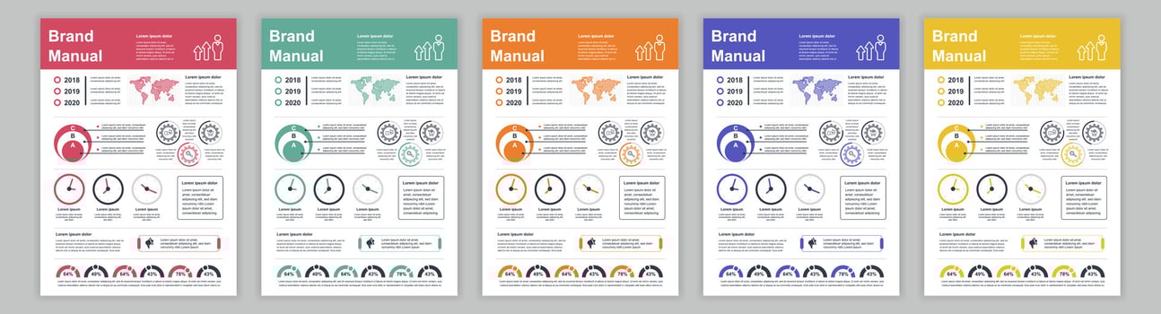 DIN A3 business brand manual templates set. Company identity brochure page with infographic financial data. Marketing research, and commercial offer. Vector layout design for poster, cover, brochure