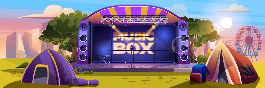 Music festival background banner in flat cartoon design. Open air performance summer poster, show stage with speakers, tents for audience at campground area, cityscape backdrop. Vector illustration