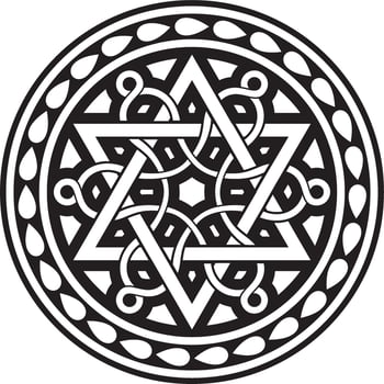 Vector black monochrome round Jewish ornament. Star of David. Semitic circle, ring. Jerusalem