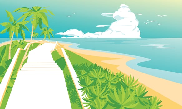 Ocean tropical landscape paradise. Wooden stairs to the beach of the island with palm trees. Bright sunny day. Traditional sea route and travel. Vector illustration