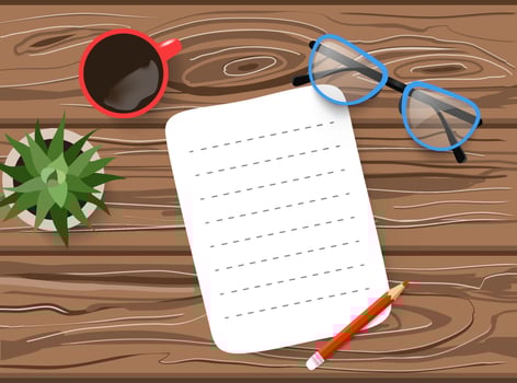 Hand drawn flat lay Mockup of blank sheet of paper, eyeglasses, green plant and a cup of coffee on brown wooden table vector