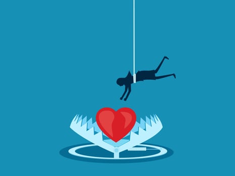 Counterfeit, mind control. Businesswoman caught his heart in a trap. Vector