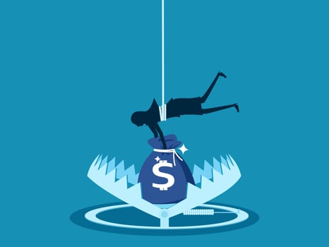 Money and risk. Businesswoman reaches bag of money in trap. vector