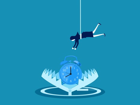 Time trap. Businesswoman picks watch in a trap. Vector