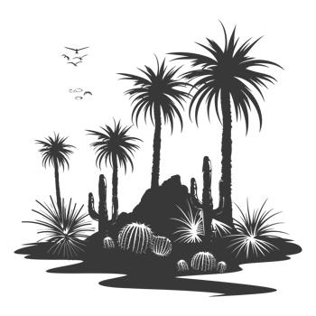 AI generated Silhouette an oasis in the desert black color only png