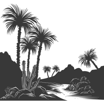 AI generated Silhouette an oasis in the desert black color only png