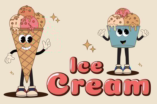 Fashionable retro poster with ice cream mascot. Vintage cartoon sign for cafe advertising. Vector illustration in groovy style.