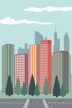 Vertical urban landscape with skyscrapers, road and trees vector