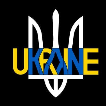 Creative combination of Ukrainian state coat of arms and lettring Ukraine in symbolic blue and yellow colors vector