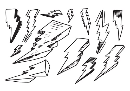 set of hand drawn vector doodle electric lightning bolt symbol sketch illustrations. thunder symbol doodle icon.