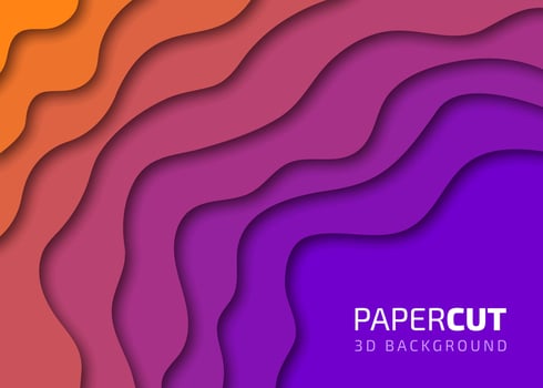 Orange, pink, and blue paper cut background with wavy layers copy space. 3d relief carving art papercutting waves vector illustration for banners, posters, presentations, greeting cards