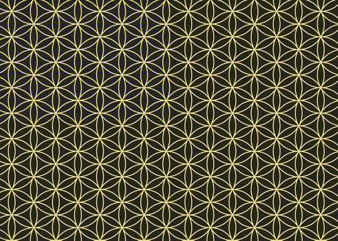 Abstract dark grey and yellow flower of life seamless pattern. Outline genesis sacred geometry texture vector template.