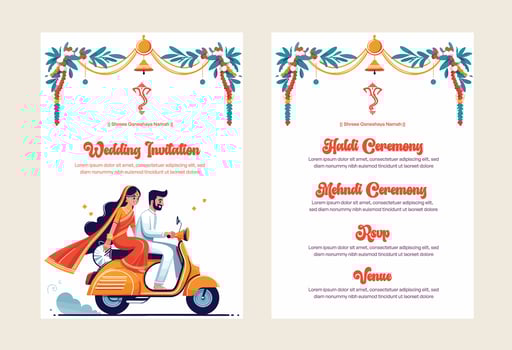 Indian wedding invitation template with cute couple on scooter vector