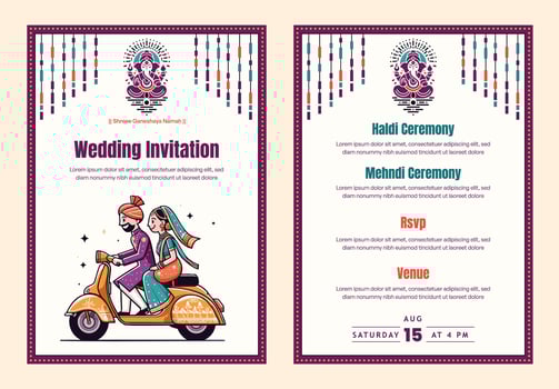 Indian wedding invitation template with cute couple on scooter vector