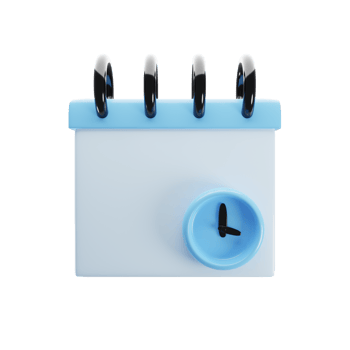 Blue notepad with cartoon style clock icon on 3d rendering. 3d illustration png