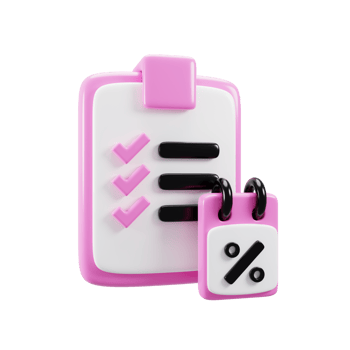 3d rendering cartoon style clipboard with percent icon. Discount icon concept png